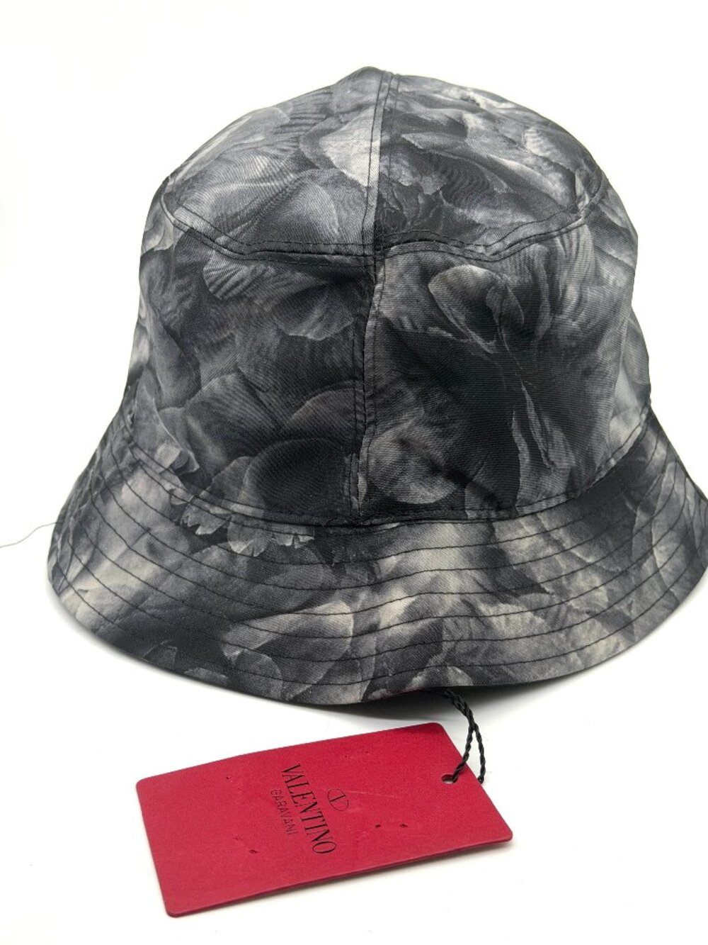 Valentino Garavani Nylon Grey Floral Rose Print Bucket Rain Hat $295